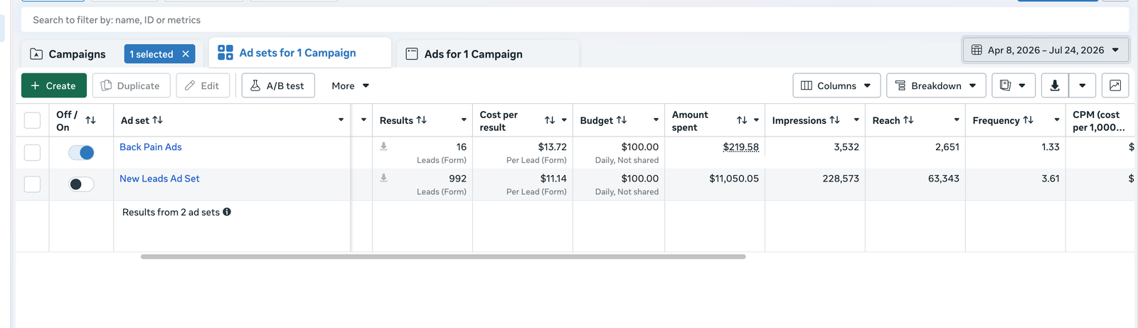Meta Ads Manager results