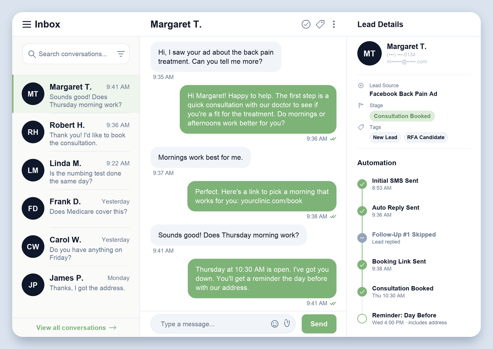 Patient Engine follow-up inbox: lead books a back pain consultation with automated reminders