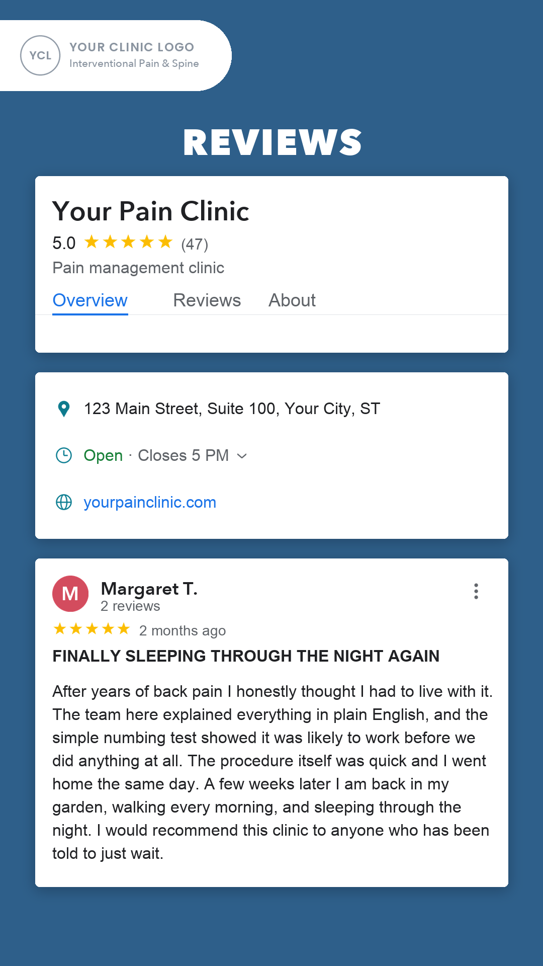 Nurture graphic: demo patient reviews for the pain clinic
